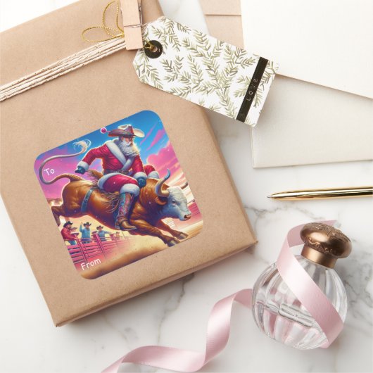 Cowboy Santa Bull Riding Gift Label Sticker (Geschenken)