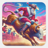 Cowboy Santa Bull Riding Gift Label Sticker (Voorkant)