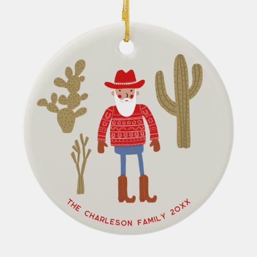 Cowboy Santa Claus Christmas Custom Text Keramisch Ornament (Achterkant)