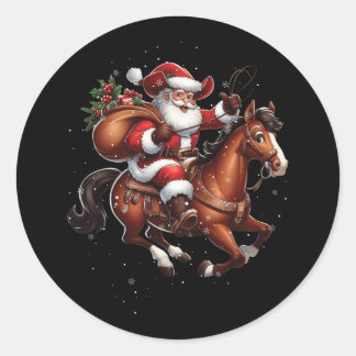 Cowboy Santa Riding Een Paard Kerstmis Grappig Wes Ronde Sticker