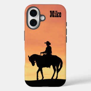 Cowboy Silhouette bij zonsondergang iPhone 16 Hoesje