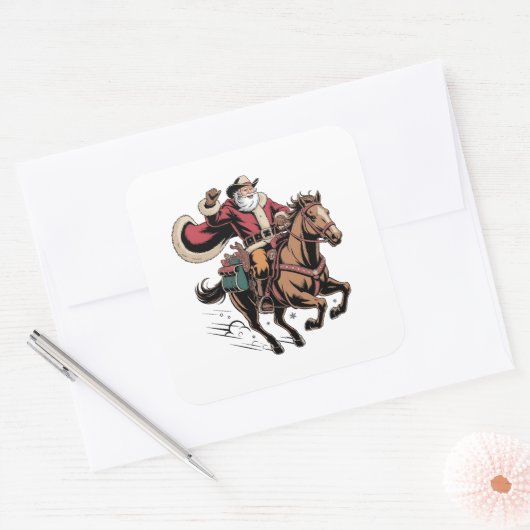 Cowboy Sinterklaas Kerstman Riddt op een Paard Ker Vierkante Sticker (Envelop)