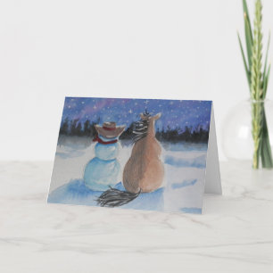 Cowboy Sneeuwman & Paard Kerst Winter Scene Feestdagen Kaart