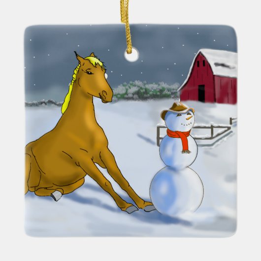 Cowboy Snowman & Horse kerstversiering Keramisch Ornament (Voorkant)