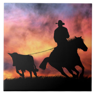 Cowboy Steer Roping in Sunset Tegeltje