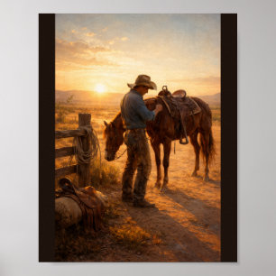 Cowboy stelt zadel bij bij zonsopkomst poster
