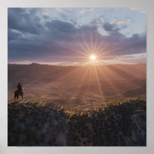 Cowboy te paard bij zonsondergang, Westerse woesti Poster