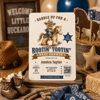 Cowboy Teddybeer Western QR RSVP Baby Shower Kaart