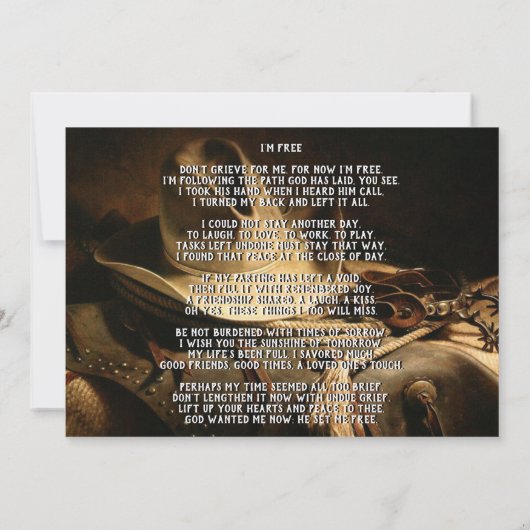 Cowboy Things Memorial Service Faire-part (Dos)