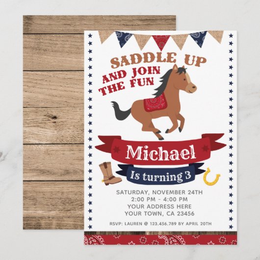 Cowboy, uitnodiging voor paardenverjaardag (Voorkant / Achterkant)