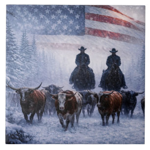 Cowboy Veeartrek Winter Kunstwerk Tegeltje