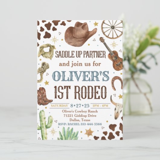 Cowboy Verjaardag Uitnodiging, 1e Rodeo Uitnodigin Kaart (Staand voorkant)