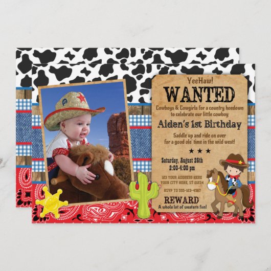 Cowboy Verjaardag Uitnodiging-Gezocht, Western The Kaart (Voorkant / Achterkant)