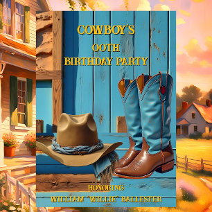 Cowboy verjaardagsfeest Schuur Laarzen Hoed blauw Kaart