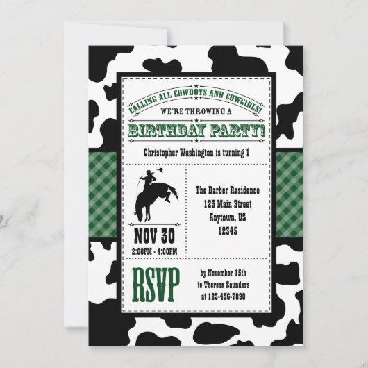 Cowboy vert foncé Invitation d'anniversaire (Devant)
