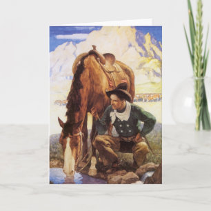 Cowboy Watering His Horse van NC Wyeth, kunst Kaart