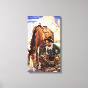 Cowboy Watering Zijn Paard door NC Wyeth, Vintage Canvas Afdruk