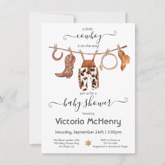 Cowboy Western Baby Boy Clothesline Baby shower in Kaart (Voorkant)