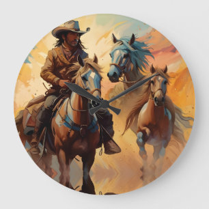 Cowboy Western Paarden blauw Tan Collage Grote Klok