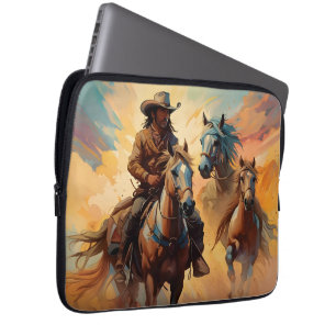 Cowboy Western Paarden blauw Tan Collage Laptop Sleeve