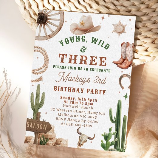 Cowboy Young Wild & Three Birthday Invitation