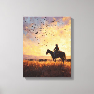 Cowboy Zonsondergang Rit Silhouet Schilderij Canvas Afdruk