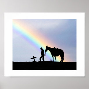 Cowboygebedsilhouet met regenboog Poster