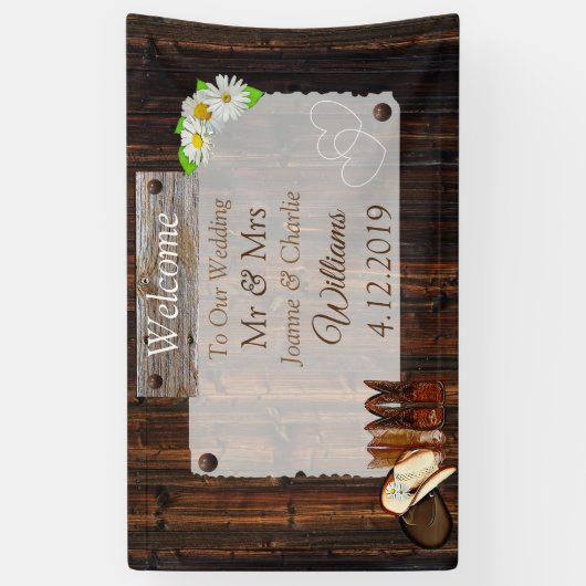 Cowboylaarzen, hoeden en madeliefjes bruiloft spandoek (Verticaal)