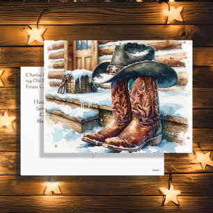 Cowboylaarzen op de veranda op een winterdag feestdagenkaart