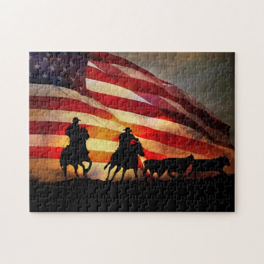 Cowboys and Horses Cattle Up with Flag Legpuzzel (Horizontaal)