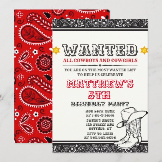 Cowboys & Cowgirls Bandana Invitations de fête d'a (Devant / Derrière)