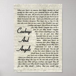 Cowboys en Angels Script Song Lyric Print