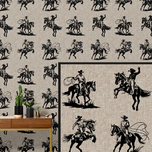Cowboys Rodeo Paarden & Ritten op Beige Behang