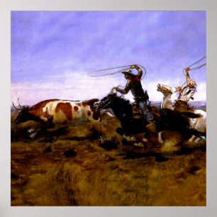 “Cowboys Roping a Steer” door Charles M Russell Poster