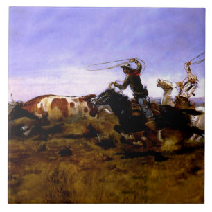 “Cowboys Roping a Steer” door Charles M Russell Tegeltje