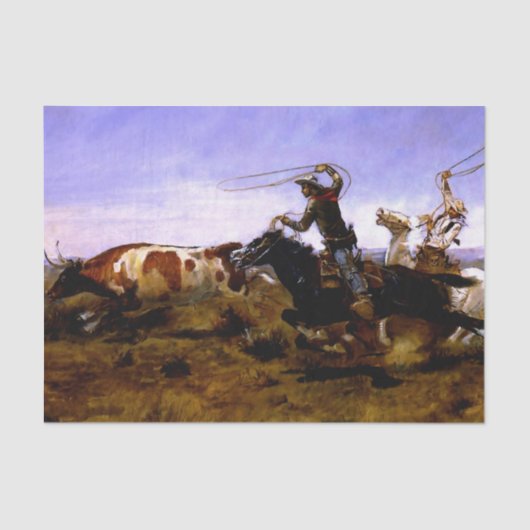 “Cowboys Roping a Steer” door Charles M Russell Tissuepapier (Voorkant)
