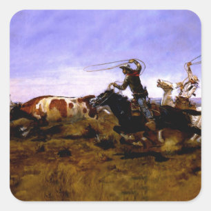 “Cowboys Roping a Steer” door Charles M Russell Vierkante Sticker