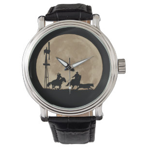 Cowboys Roping Steer and Horses Full Moon Horloge