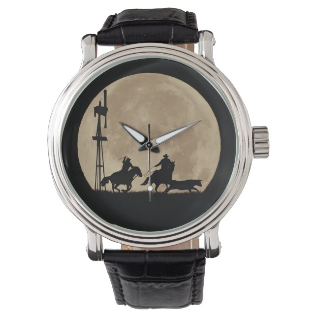 Cowboys Roping Steer and Horses Full Moon Horloge (Voorkant)