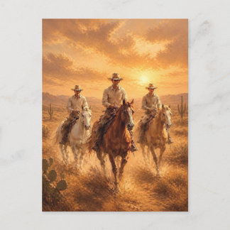 Cowboys te paard onder een woestijnzonsondergang i briefkaart