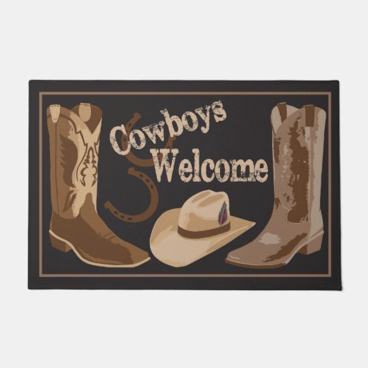 Cowboys Welcome Black Brown Boots Petten Hoefijzer Deurmat (Voorkant)