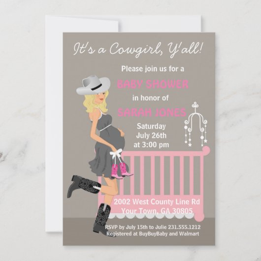 Cowgirl Baby Shower-uitnodigingen - Western geblon Kaart (Voorkant)
