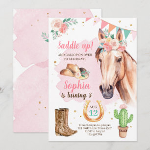 Cowgirl Birthday Invite Girl Horse Pink Waterverf Kaart
