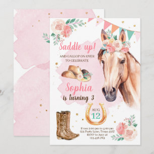 Cowgirl Birthday Invite Girl Horse Pink Waterverf Kaart