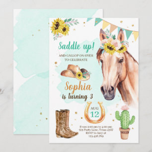 Cowgirl Birthday Invite Girl Horse - zonnebloemen  Kaart