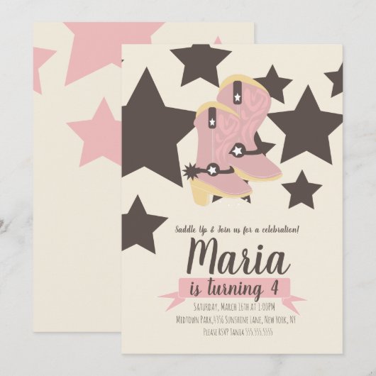 Cowgirl Birthday Pink Stars Invitation (Devant / Derrière)