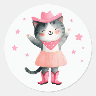Cowgirl Cat Pastel Roze Schattigee Waterverf Weste Ronde Sticker