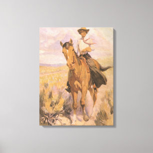  Cowgirl Cowboy, vrouw op paard van Dunton Canvas Afdruk