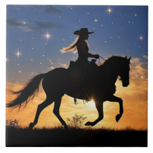 Cowgirl en Paard Zonsondergang Fantasie Landelijk Tegeltje