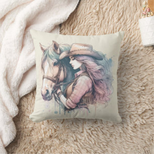 Cowgirl en paardenpastel Waterverf Kussen